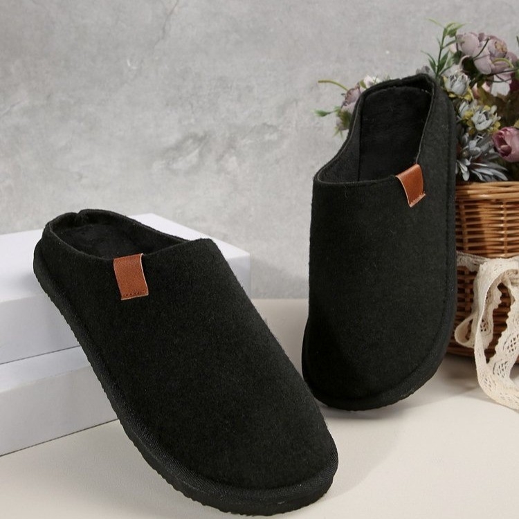 Papuci de casă cu vârf închis, din catifea la exterior, căptușeală din blană artificială, talpă din cauciuc, slip-on, mărime mare