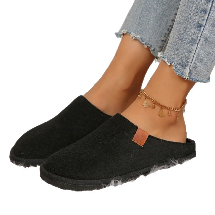 Papuci de casă cu vârf închis, din catifea la exterior, căptușeală din blană artificială, talpă din cauciuc, slip-on, mărime mare