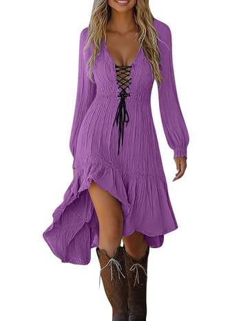 Bohemian рокля в стил А-линия, дълга, памучна тъкан, дълбоко V-образно деколте