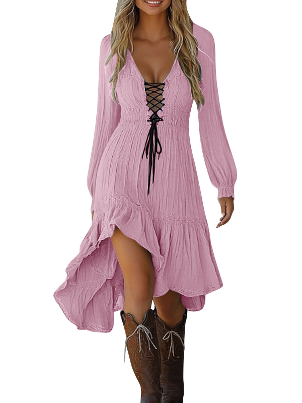 Bohemian рокля в стил А-линия, дълга, памучна тъкан, дълбоко V-образно деколте