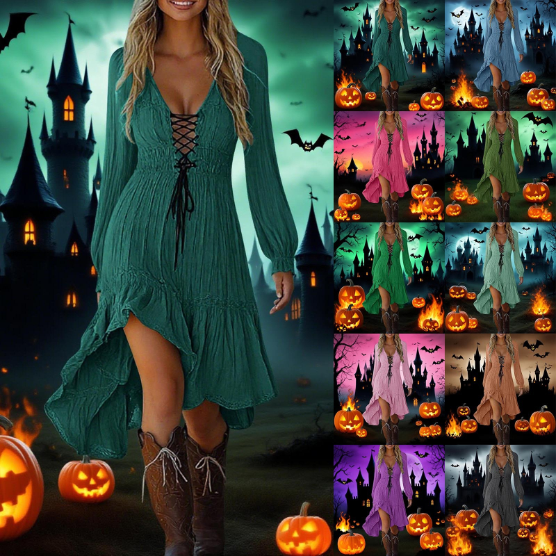 Bohemian рокля в стил А-линия, дълга, памучна тъкан, дълбоко V-образно деколте