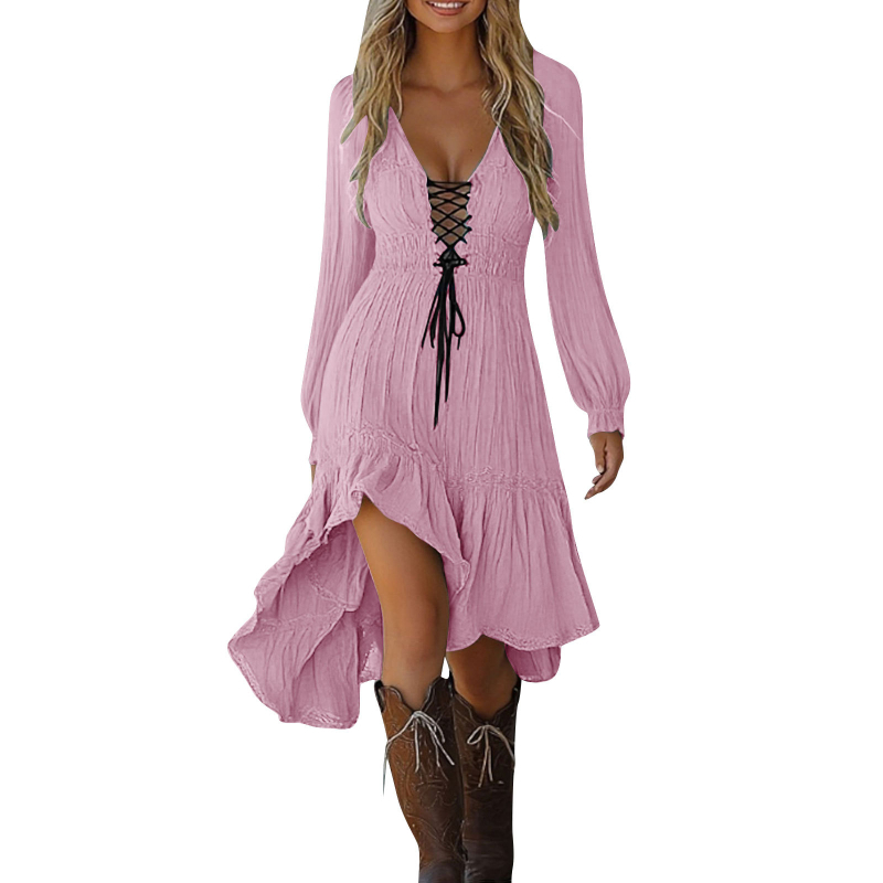 Bohemian рокля в стил А-линия, дълга, памучна тъкан, дълбоко V-образно деколте