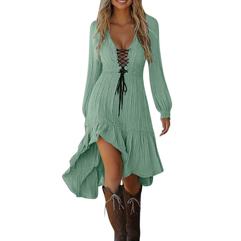 Bohemian рокля в стил А-линия, дълга, памучна тъкан, дълбоко V-образно деколте