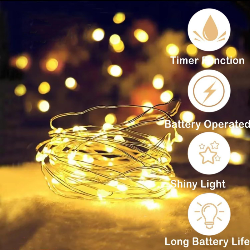 Unutarnja LED niz svjetla s prozirnim kućištem za baterije i tajmerom, 2x AA, 30 LED, topla bijela 3500K, IP44
