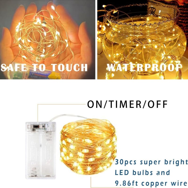 Unutarnja LED niz svjetla s prozirnim kućištem za baterije i tajmerom, 2x AA, 30 LED, topla bijela 3500K, IP44