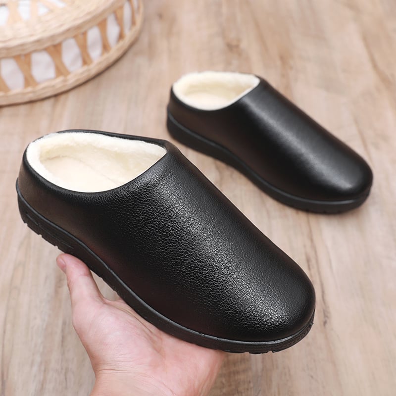 Pánske zimné bavlnené papuče s flisovou podšívkou – PU vršok, podrážka z peny, protišmykové, do interiéru