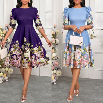 Рокля А-линия с флорална плетка, балонени ръкави, кръгло деколте, миди дължина, памук-полиестер смес