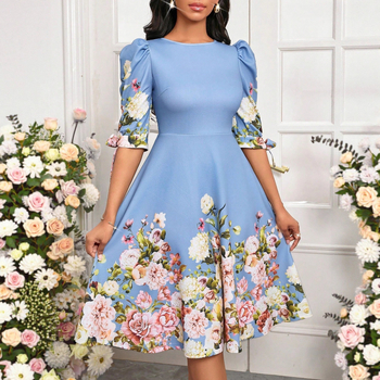 Рокля А-линия с флорална плетка, балонени ръкави, кръгло деколте, миди дължина, памук-полиестер смес