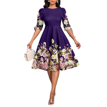 Рокля А-линия с флорална плетка, балонени ръкави, кръгло деколте, миди дължина, памук-полиестер смес