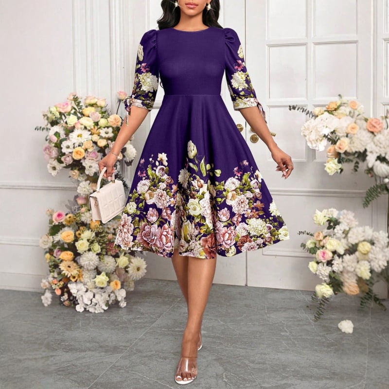 Рокля А-линия с флорална плетка, балонени ръкави, кръгло деколте, миди дължина, памук-полиестер смес