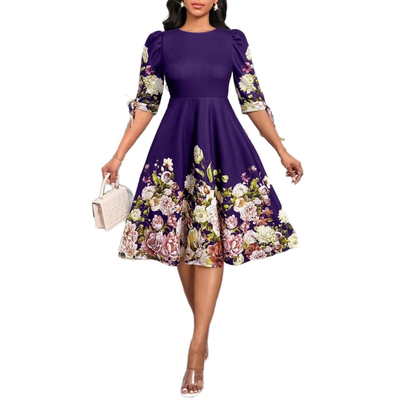 Рокля А-линия с флорална плетка, балонени ръкави, кръгло деколте, миди дължина, памук-полиестер смес