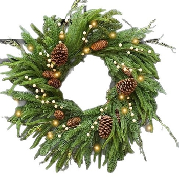Věnec na dvere s borovicovými šiškami a svetlami (plast, ručná výroba, americký štýl)
