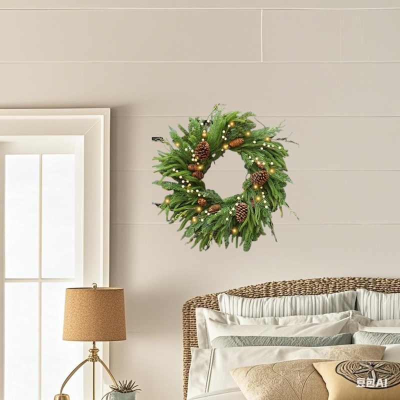 Věnec na dvere s borovicovými šiškami a svetlami (plast, ručná výroba, americký štýl)