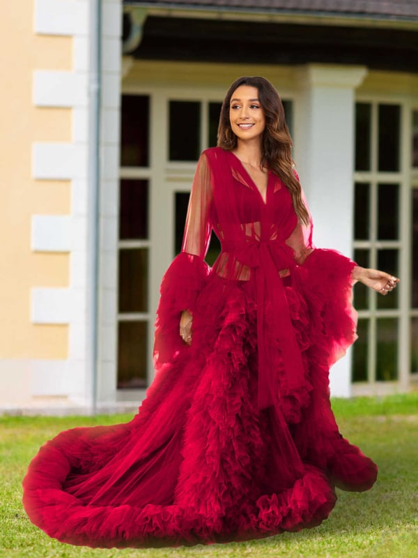 Tehotenské šaty s V výstrihom, sieťovinový materiál, dlhé rukávy, A-line dlhá sukňa, polyester 95%+