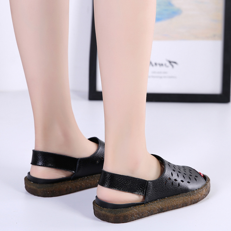Moterų kasdieniai sandalai Korėjos stiliaus, viršus iš dviejų sluoksnių odos, padas PVC, apvali nosis, užpakalinis dirželis, žemas kulnas 1–3 cm