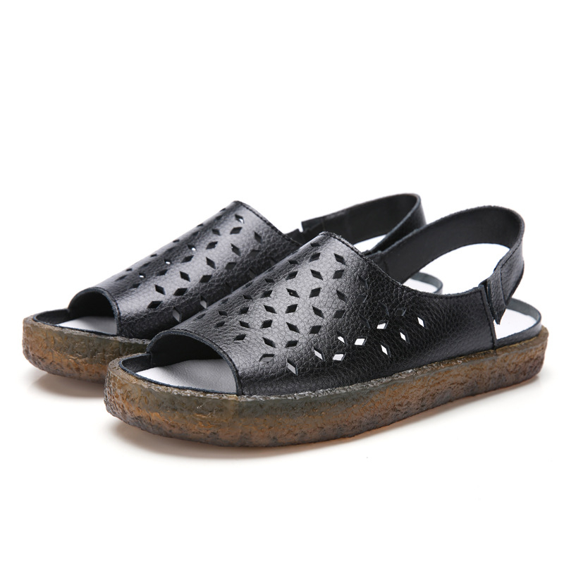 Moterų kasdieniai sandalai Korėjos stiliaus, viršus iš dviejų sluoksnių odos, padas PVC, apvali nosis, užpakalinis dirželis, žemas kulnas 1–3 cm