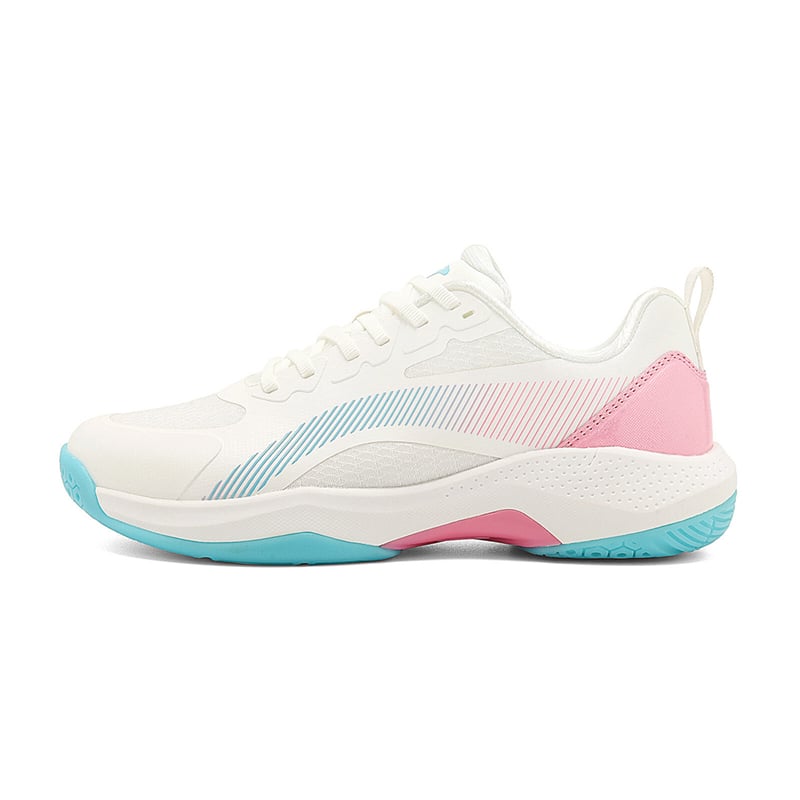 Pantofi badminton, partea superioară din piele și plasă, talpă exterioară din cauciuc antiaderent, talpă mijlocie din cauciuc, guler scăzut, vârf rotund