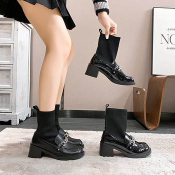 Botine șosetă în stil britanic, partea superioară din microfibră, talpă din cauciuc, toc gros mediu de 3-5 cm