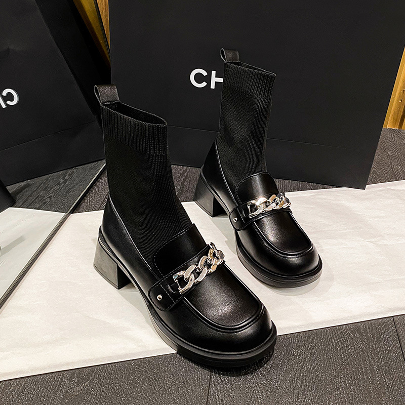 Botine șosetă în stil britanic, partea superioară din microfibră, talpă din cauciuc, toc gros mediu de 3-5 cm