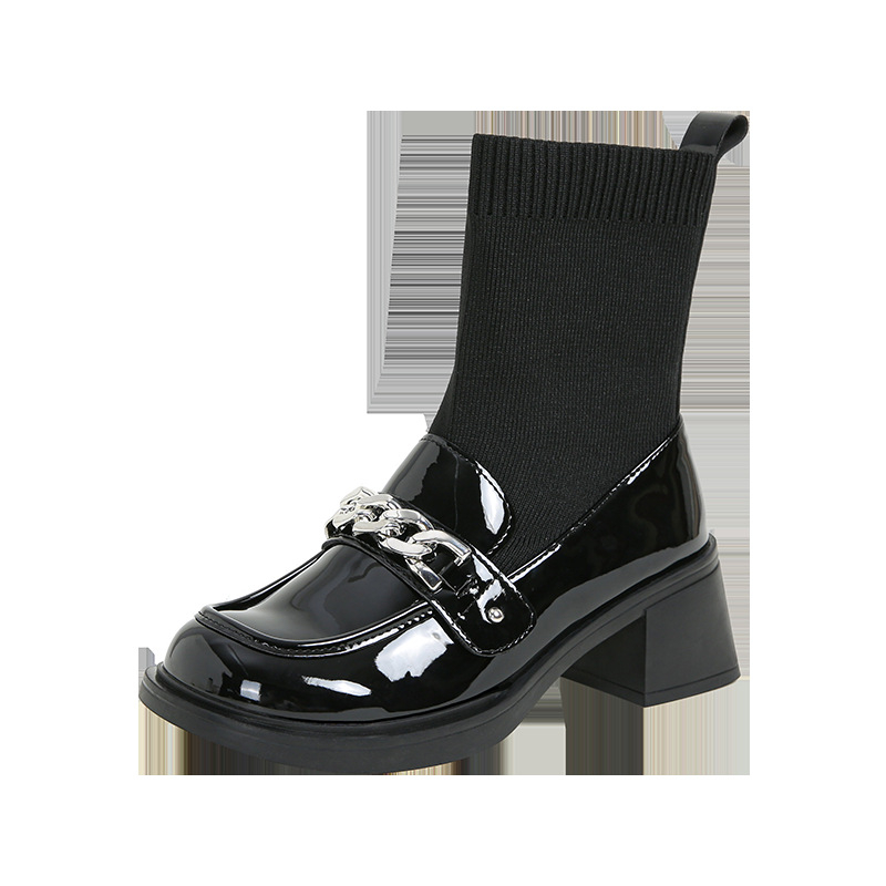 Botine șosetă în stil britanic, partea superioară din microfibră, talpă din cauciuc, toc gros mediu de 3-5 cm