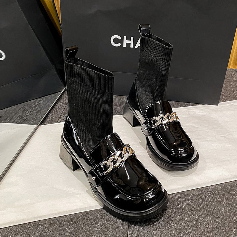 Botine șosetă în stil britanic, partea superioară din microfibră, talpă din cauciuc, toc gros mediu de 3-5 cm