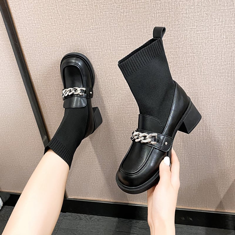 Botine șosetă în stil britanic, partea superioară din microfibră, talpă din cauciuc, toc gros mediu de 3-5 cm