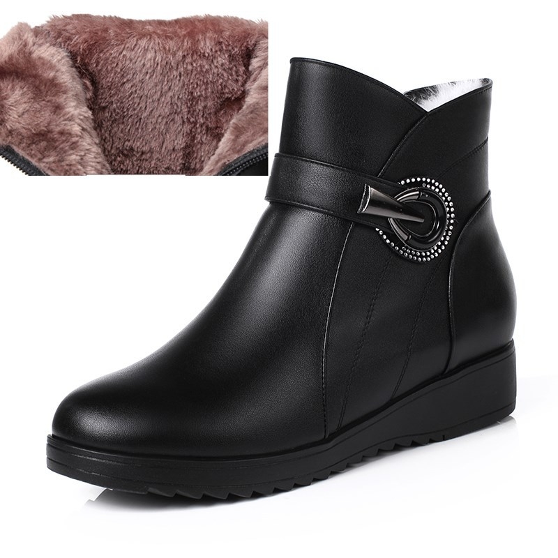 Női gyapjúval bélelt alacsony bokacsizma mikroszálas felsőrészével, gumírozott talp, oldalsó cipzár, meleg és lélegző, wedge sarok