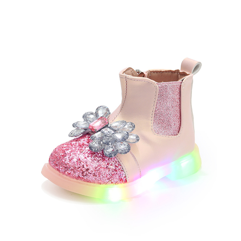 Világító lánycipők PU felsőréteggel, lélegző, csúszásmentes, kopásálló TPR talp, oldalsó cipzár, 4–6 éveseknek, tavasz–ősz szezon
