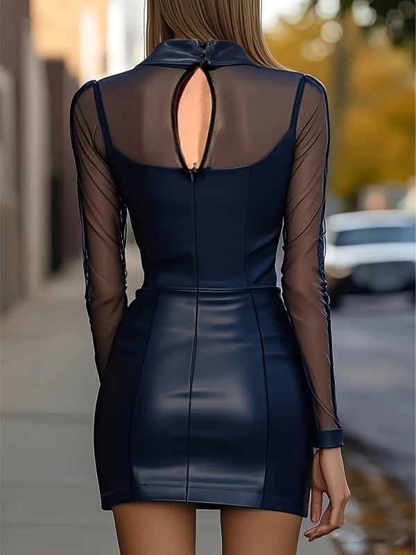 PU кожена рокля с мрежеста вставка, плътна кройка, висока талия, дълги ръкави