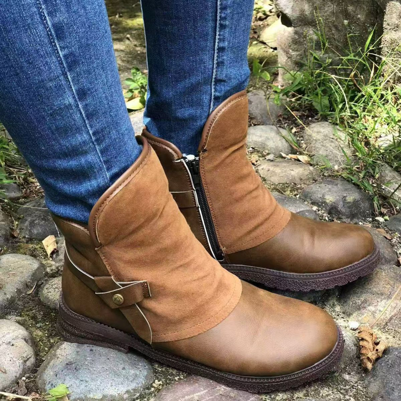 Martin csizmák fleece belsővel, kerek orrú, oldalsó cipzár, PU felső rész, gumírozott talp