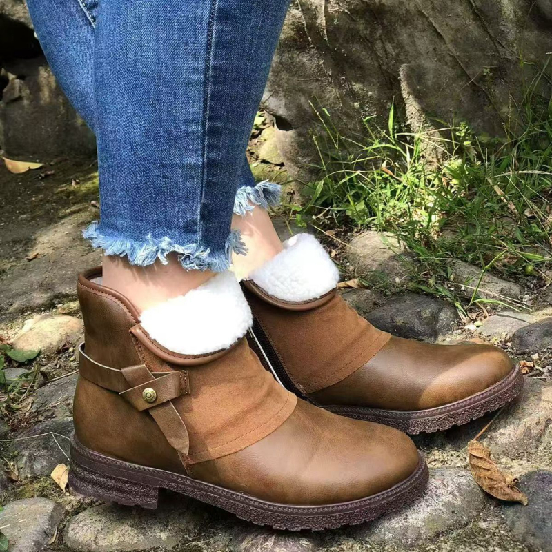 Martin csizmák fleece belsővel, kerek orrú, oldalsó cipzár, PU felső rész, gumírozott talp