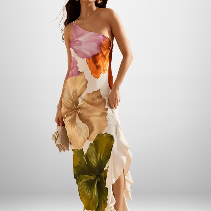 Polüestrist kleit trükiga, sling-stiil, elegantne, varrukateta, pikk