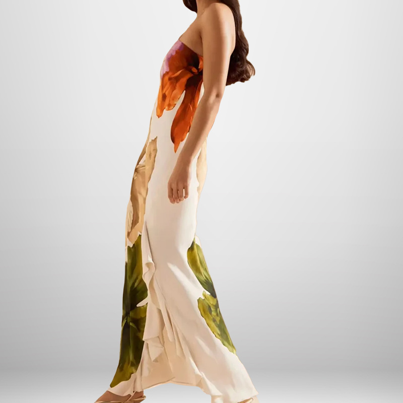 Polüestrist kleit trükiga, sling-stiil, elegantne, varrukateta, pikk