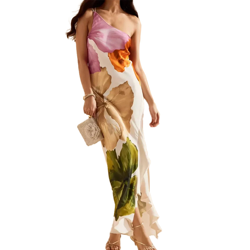 Polüestrist kleit trükiga, sling-stiil, elegantne, varrukateta, pikk