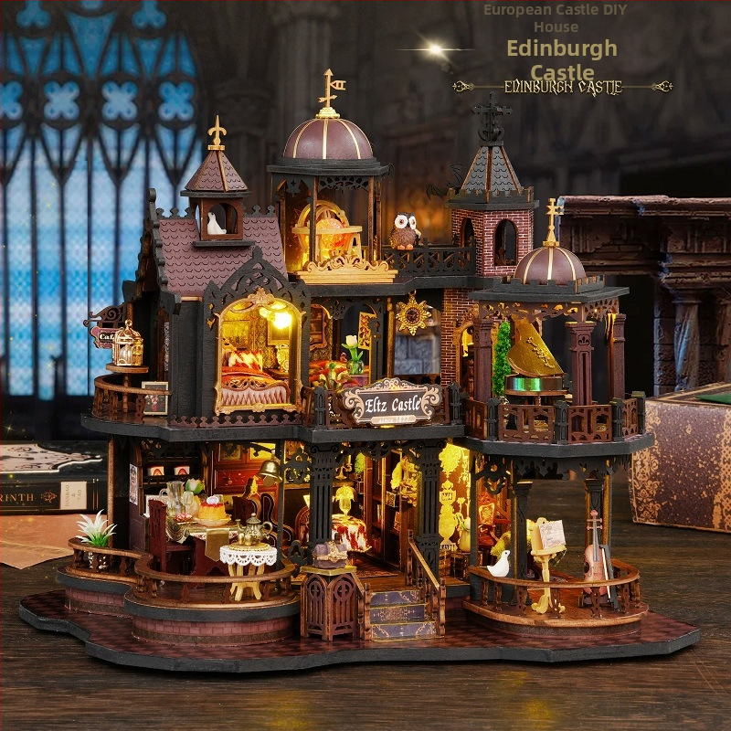 Drevený DIY set na zostavenie chatky-puzzle s držiakom na knihy - ručne zostaviteľný 3D puzzle, vhodný pre vek 15–35 rokov