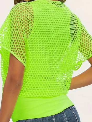 Dva dijela seta: majica s mrežastim uzorkom i vest, poliester-spandeks smjesa (70–80% poliester / 30–50% spandex), kratki raglan rukavi, kosi ovratnik, nepravilan kroj