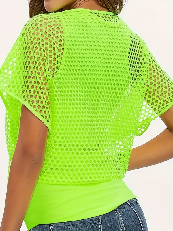 Dva dijela seta: majica s mrežastim uzorkom i vest, poliester-spandeks smjesa (70–80% poliester / 30–50% spandex), kratki raglan rukavi, kosi ovratnik, nepravilan kroj