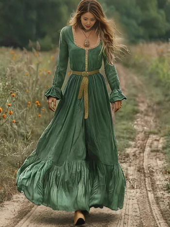 Плажна рокля със етно-бохемски принт, дълга пола, полиестер, дълъг ръкав, U-образна яка