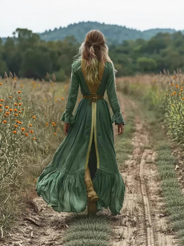 Плажна рокля със етно-бохемски принт, дълга пола, полиестер, дълъг ръкав, U-образна яка