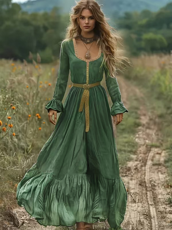 Плажна рокля със етно-бохемски принт, дълга пола, полиестер, дълъг ръкав, U-образна яка