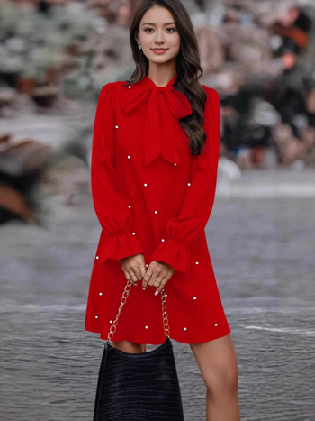 Rochie din poliester extensibil, cu mărgele, decolteu în V, mâneci bufante, croială tip A