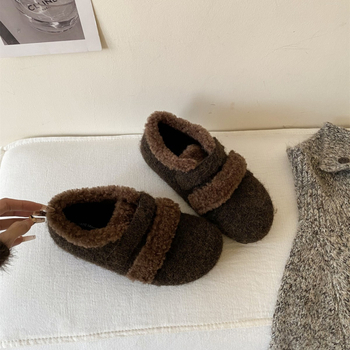 Дамски памучни обувки с леопардов принт, подплата от изкуствен пух, велкро закопчаване, гумена подметка