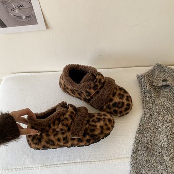 Дамски памучни обувки с леопардов принт, подплата от изкуствен пух, велкро закопчаване, гумена подметка