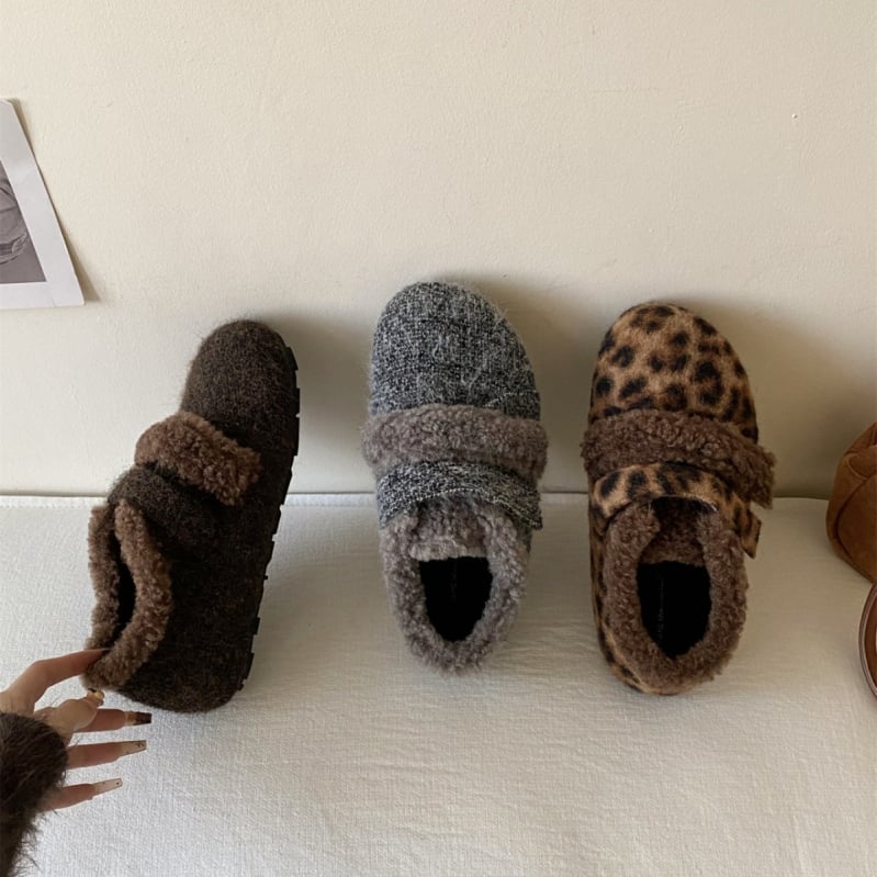 Дамски памучни обувки с леопардов принт, подплата от изкуствен пух, велкро закопчаване, гумена подметка