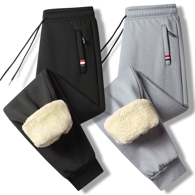 Pánske fleecové termálne nohavice, voľný strih, stredný pás, syntetická zmes látky, zimné bežné nohavice
