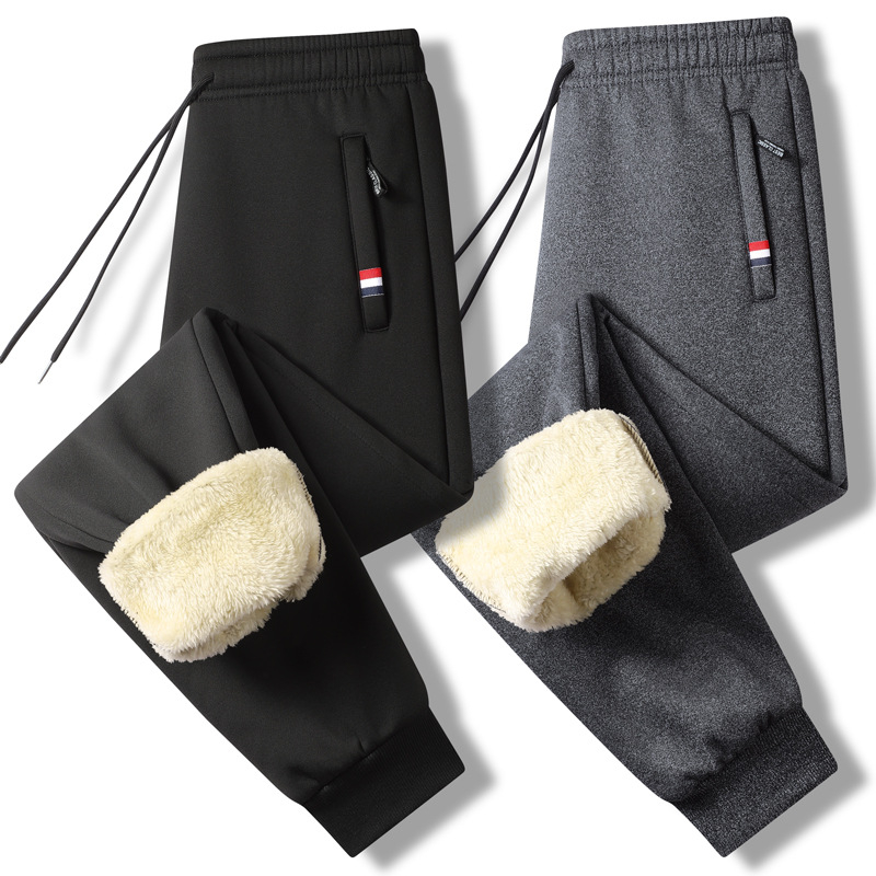 Pánske fleecové termálne nohavice, voľný strih, stredný pás, syntetická zmes látky, zimné bežné nohavice