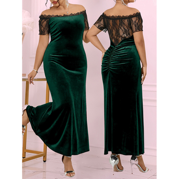 Moteriška suknelė su pečių atvartais, nėrinių apdaila, 3/4 rankovės, vidutinio tempiamumo audinys