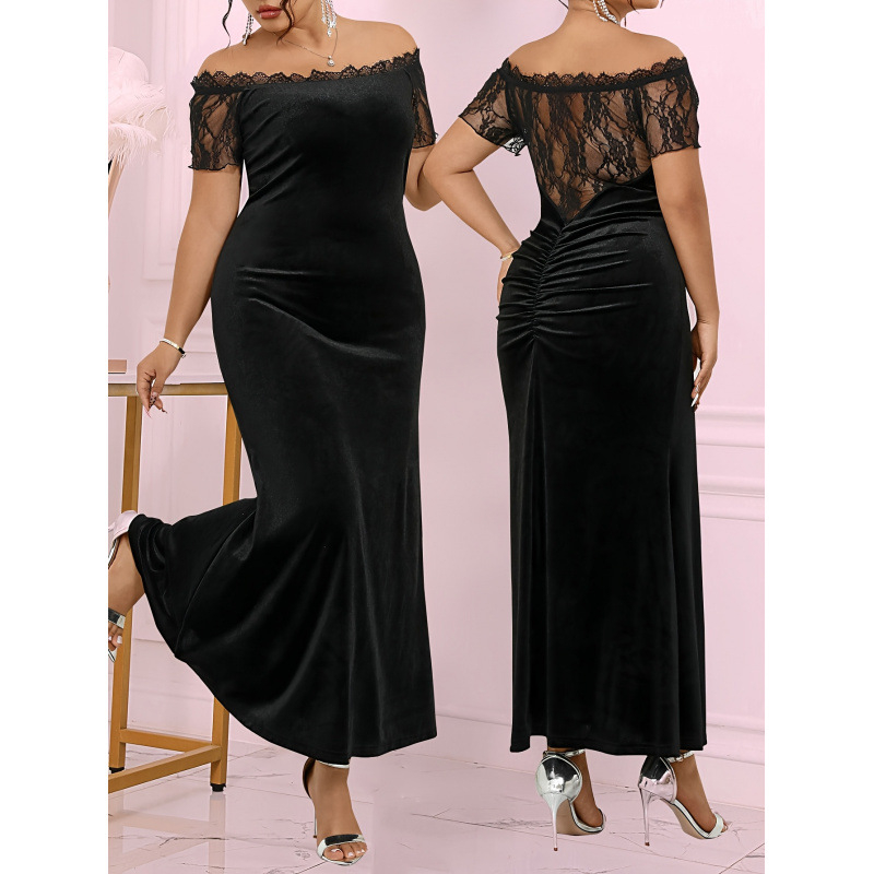 Moteriška suknelė su pečių atvartais, nėrinių apdaila, 3/4 rankovės, vidutinio tempiamumo audinys