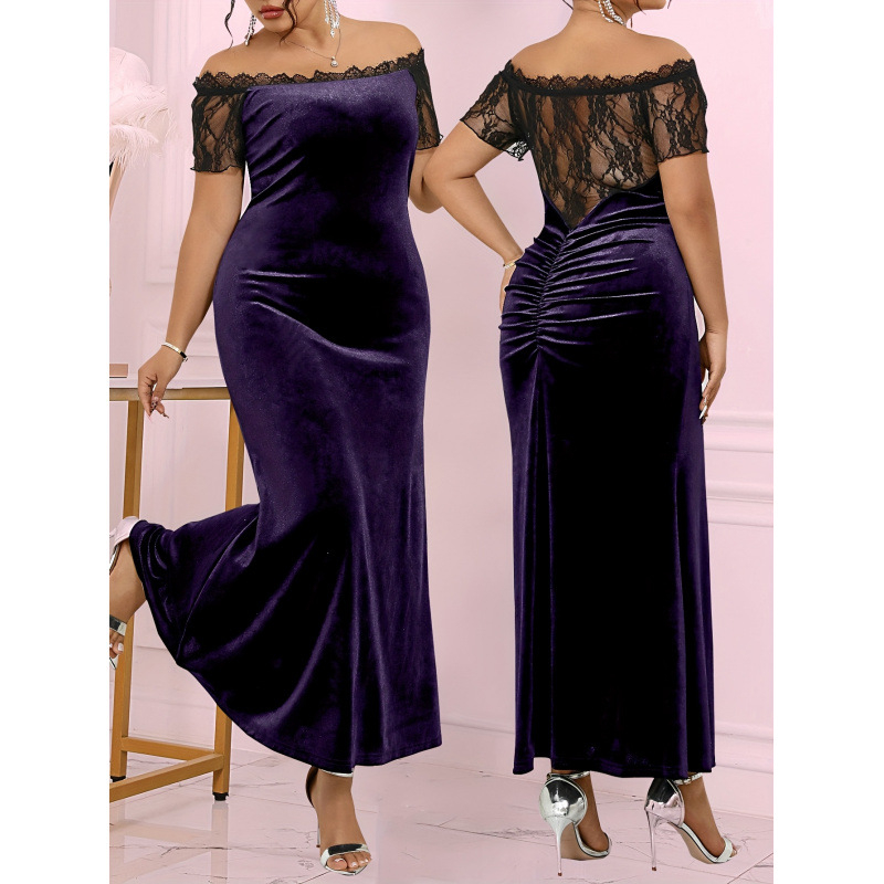 Moteriška suknelė su pečių atvartais, nėrinių apdaila, 3/4 rankovės, vidutinio tempiamumo audinys