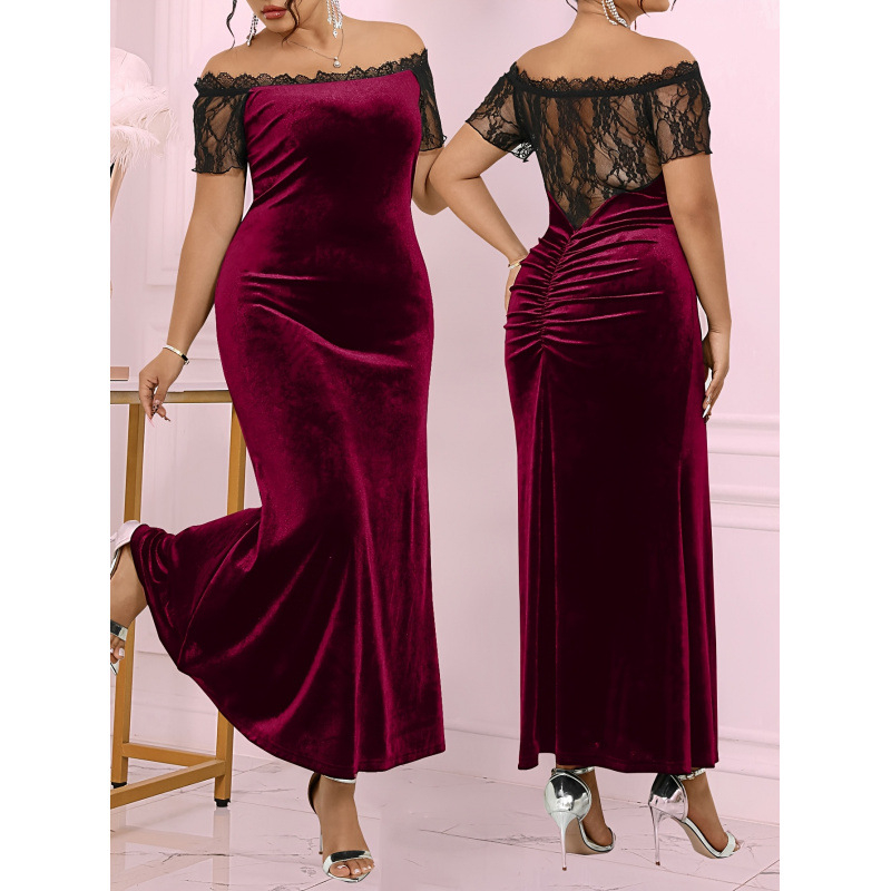 Moteriška suknelė su pečių atvartais, nėrinių apdaila, 3/4 rankovės, vidutinio tempiamumo audinys